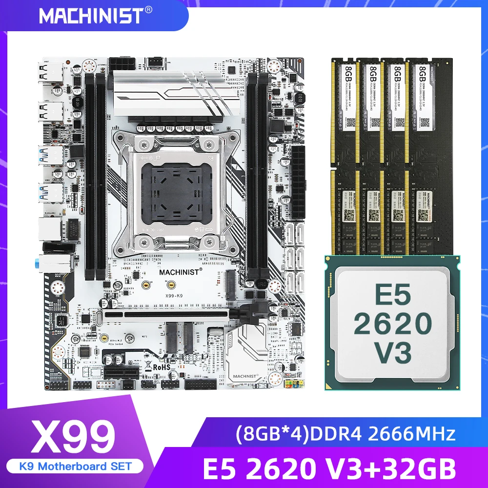 Günstig MASCHINIST X99 Motherboard LGA 2011-3 Set Kit Intel Xeon E5 2620 V3 Prozessor DDR4 32G(4*8G)2666MHz RAM M-ATX NVME M.2 SSD X99-K9