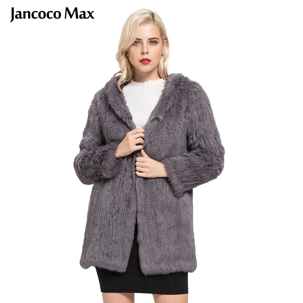 

Jancoco Max Fashion Style Real Rabbit Fur Thick Knitted Long Coat Autumn Winter Jackets Hooded Pocket Top Quality S7099