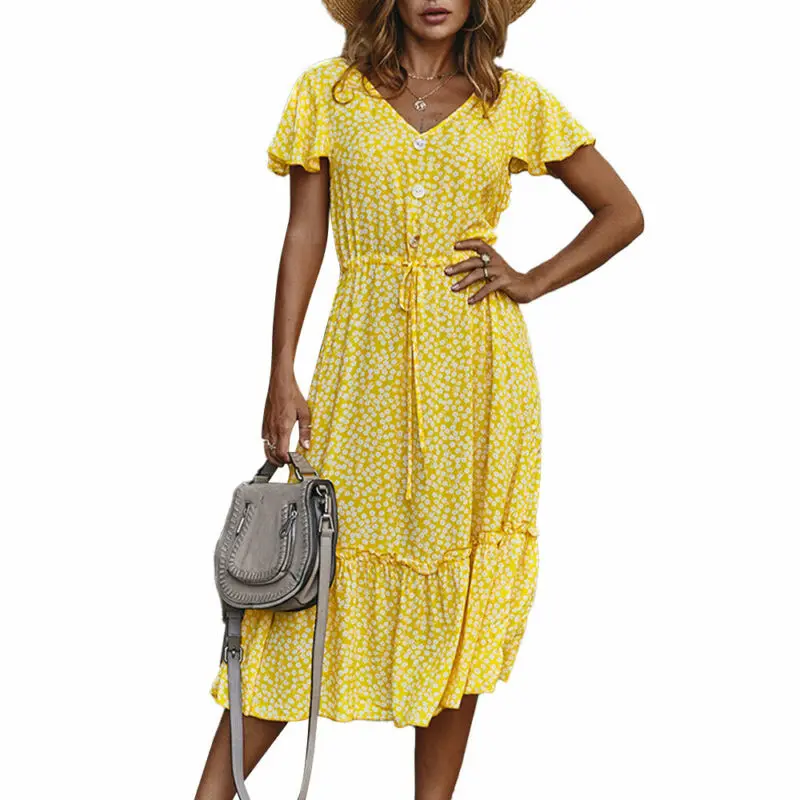 

Women Dresses 2021 Summer Short Sleeve V Neck Midi Dress Casual Party Lace Up Floral Print Sundress
