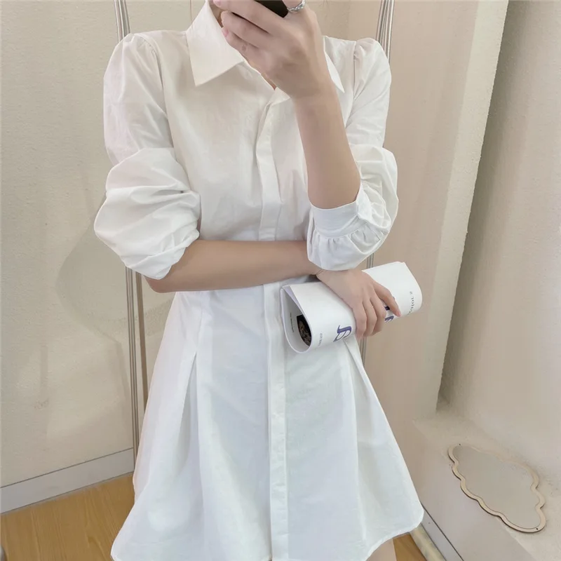 

XUXI 2021 Spring Autumn Women MINI Dress Korean French White Draw Back Shirt Skirt E1169