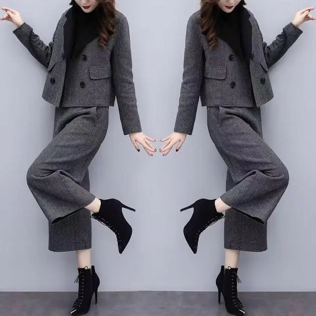 

2020 Autumn Winter High Waist Wide Leg Pants Suits Women 2 Piece Set Wool Tweed Vintage Elegant Blazer Jacket + Trousers Outfits
