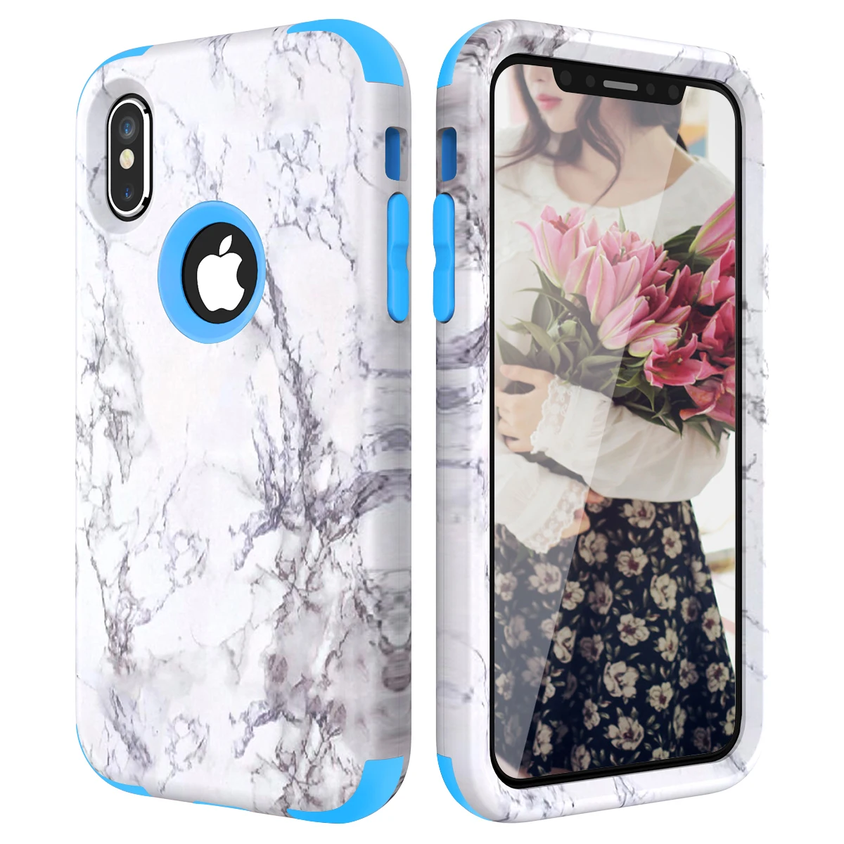 Мраморный бампер чехол для iPhone 11 pro Max 7 8 6 Plus жесткий защитный чехол силиконовый чехол для iPhone X Xs Max Xr 360 чехол милый Единорог 3 в 1 - Цвет: Синий