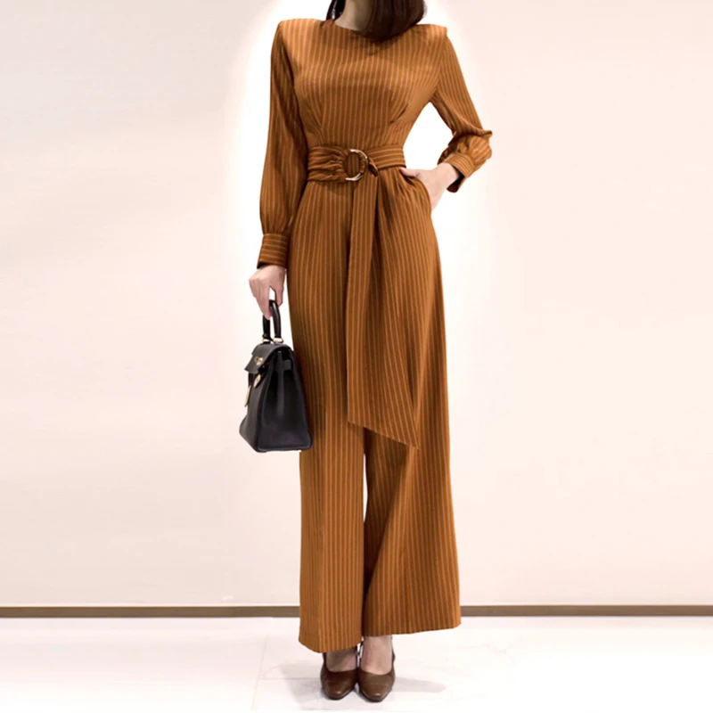 

Женский офисный комбинезон с поясом, элегантный повседневный комбинезон в полоску с длинными брюками, весна