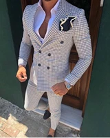 mens suit brown formal 2 pieces slim fit double breasted plaid soft wool tweed prom tuxedos wedding groomsmen blazerpants
