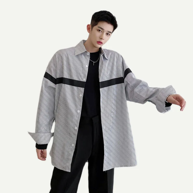 

Male Korea Style Streetwear Hip Hop Loose Vintage Shirts Men Long Sleeve Casual Stripe Shirt Youthful