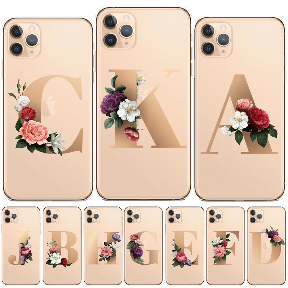 custom 26 english name letters flower initial case for coque iphone 11 pro max x xs max xr 6s 6 7 8 plus silicone phone cover free global shipping