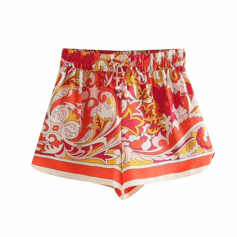 

ZXQJ Women 2021 Fashion Totem Print Side Vents Shorts Vintage High Elastic Waist Drawstring Female Short Pants Mujer