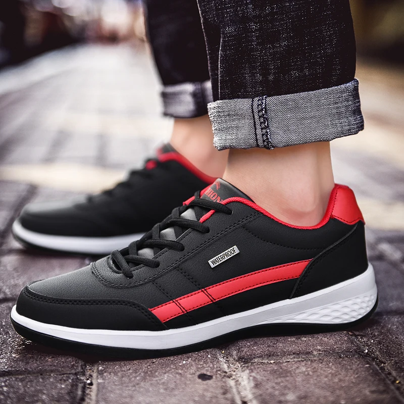 JIEMIAO Men Sneakers PU Leather Running Shoes Lace Up Business Casual Shoes Male Outdoor Non-slip Walking Jogging Sports Shoes