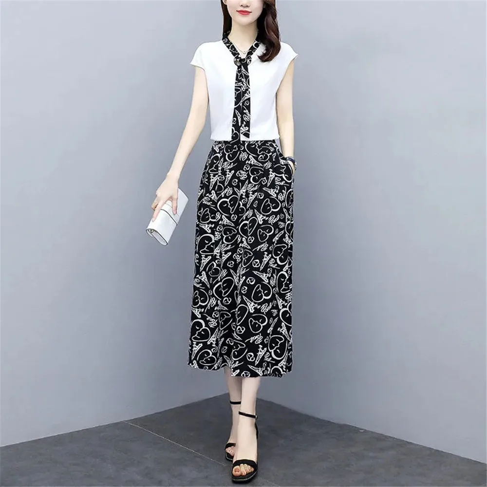 

Women'S Summer Suit Polyester The New 2022 Fashion Print Wide Leg Pants &V Collar Tops Casual Set Women 2 Pieces