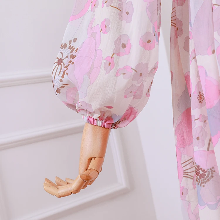 WHITNEY WANG 2020 Spring Fashion Lantern Sleeve Printed Chiffon Dress Women Holiday Beach Lady Party | Женская одежда