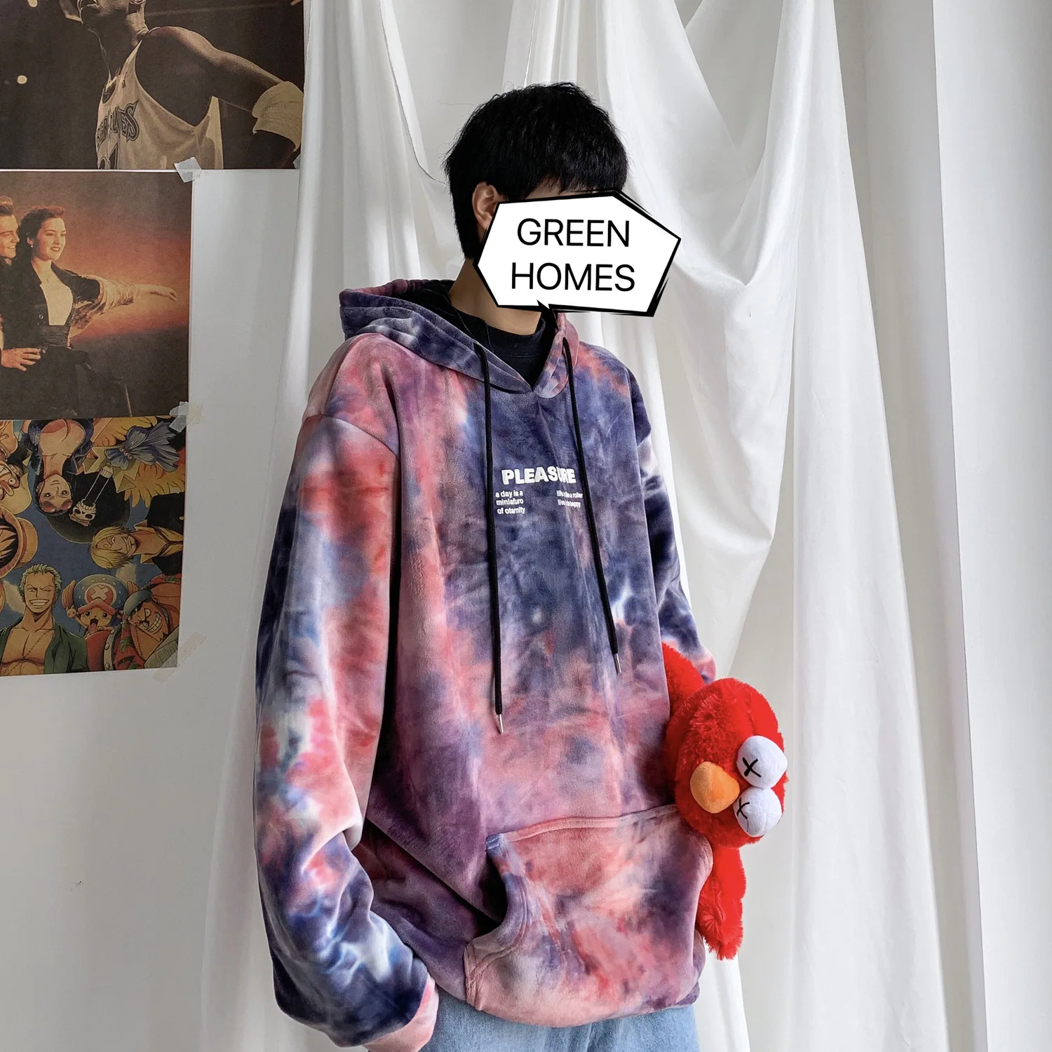 

Velvet Hoodies men thick sweatshirt Flannel Men's Clothing High Street Tie dye hoodie man Sweatshirts Pullover Hooded Male Tops