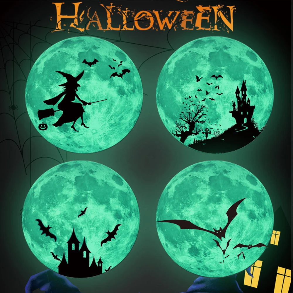

Светящаяся Луна 30 см, Хэллоуин, Рождественское украшение, летучая мышь, замок, ведьма, почта вампира, наклейки для детской комнаты, спальни