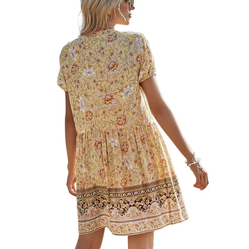 

Women Boho Floral Crew Neck Mini Dress Summer Beach Loose Casual A-Line Dresses