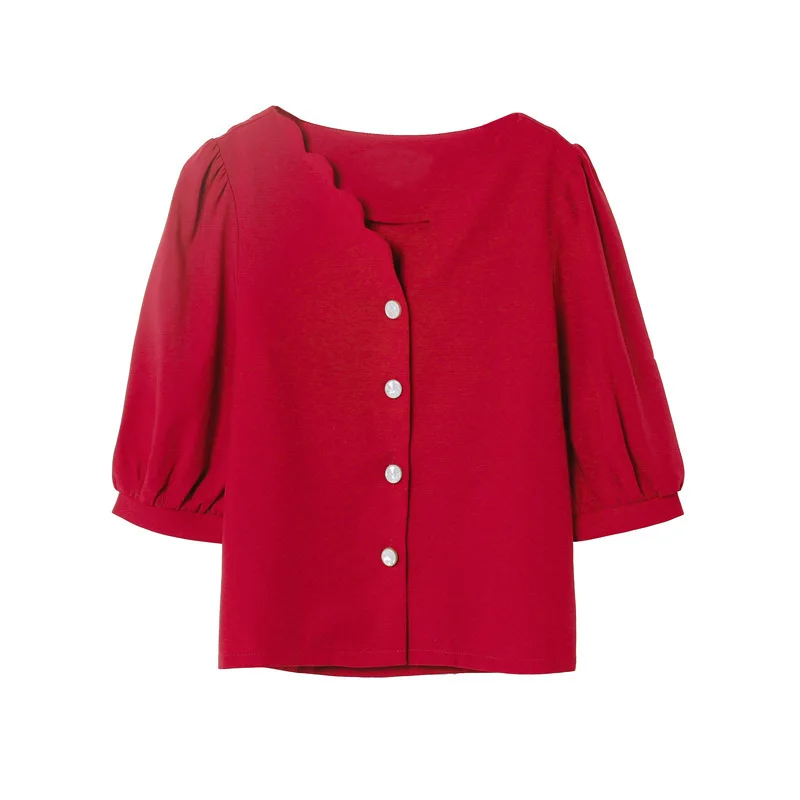 

Red V-neck shirt 2021 summer new design sense lace chiffon shirt blouse lantern sleeve women