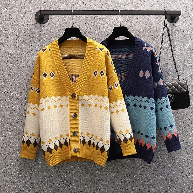 

Large Size Women 's Clothing 2021 Autumn and Winter Sister Style Retro Jacquard Sweater Loose-fitting Outerwear Top