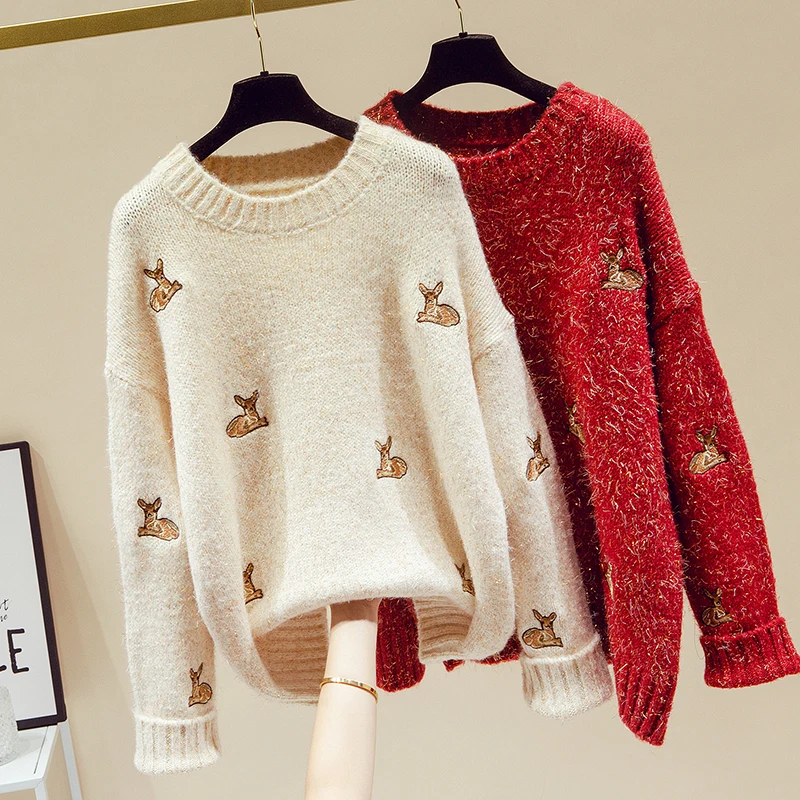 

Animal Pattern Winter Cashmere Christmas Sweater Women Korean Loose Casual Long Sleeve Thick Warm Knitted Pullovers Jumper Tops