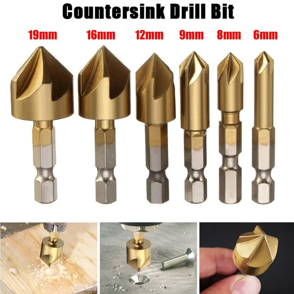 

6pcs/set Flute Chamfer Countersink Round 1/4" Hex Shank HSS 90 Degree Wood Chamfering Cutter 6mm-19mm Countersink Drill Bit