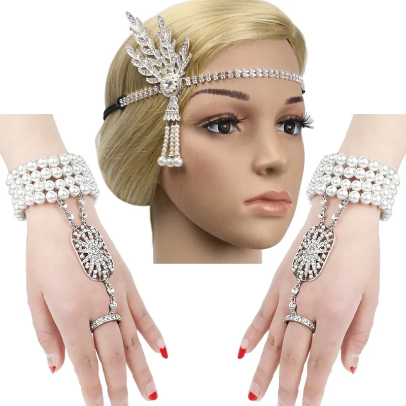 Great Gatsby Inspired Leaf Simulated 1920s Jewelry Set Costume Accessories 20s Flapper Pearl Headband Bracelet Ring |