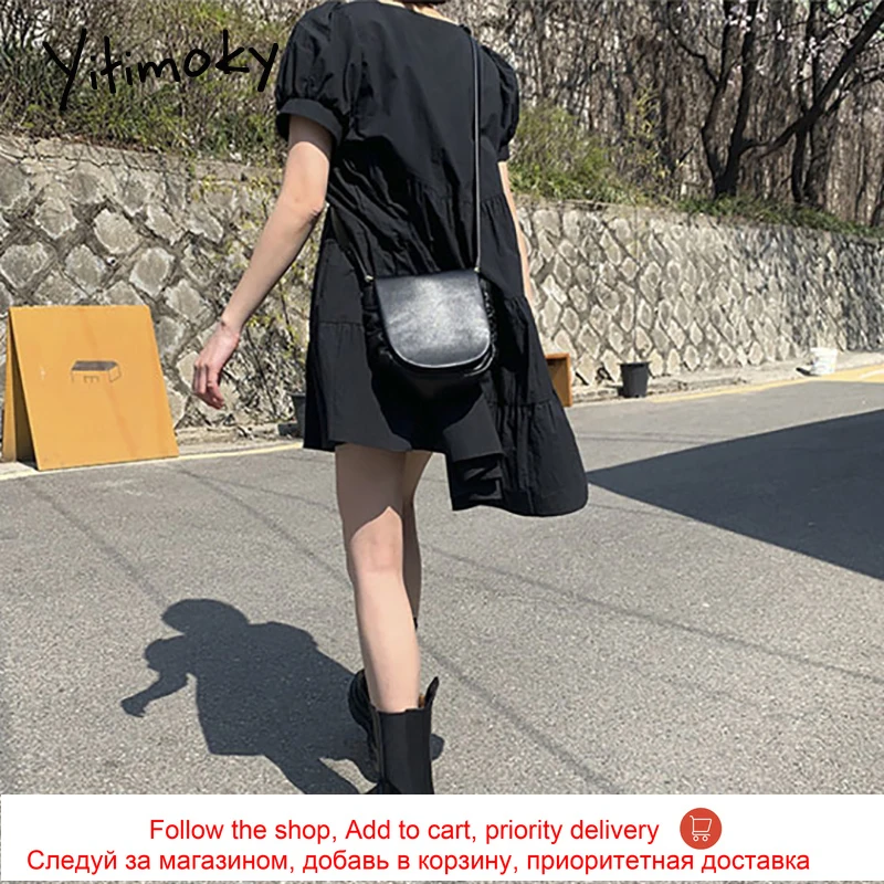

Yitimoky Vintage High Waist Dress for Women 2021 Puff Sleeve Puff Sleeve Square Collar Loose Unicolor Summer Korean Clothes New