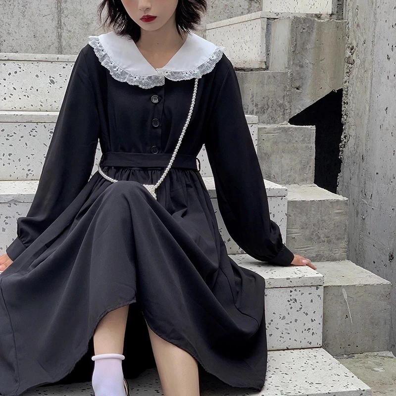 

Gothic Lolita Kawaii Dress Women Peter Pan Collar Long Sleeve Black Midi Dress Lace-up Mall Goth Girls Japanese Harajuku