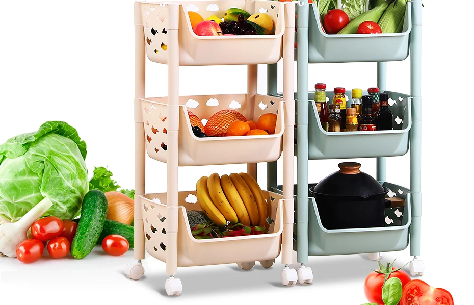Кухонный стеллаж для хранения, корзина для хранения овощей, 3 слоя, корзина для хранения, полка, съемная, с колесами, органайзер для ванной комнаты