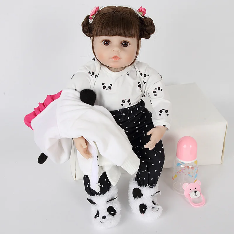 

Bebe Reborn Baby Doll 48cm Silicone and Cloth Body Cute Panda Jumpsuits Doll for Girls Birthday Gift for Kids