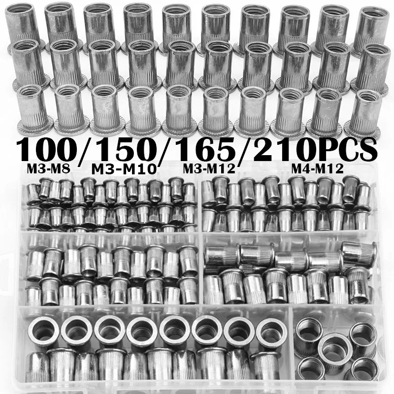 

100/150/165/210pcs M3-M12 aluminum Multi Flat Head Metric Thread Blind Rivet Nut Insert Rivnut Nutsert Screw