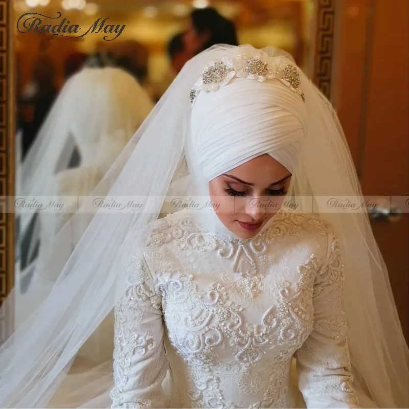 2020 Arabic Lace Long Sleeve Dubai Wedding Dress With Hijab Muslim Bridal Gowns Appliques Detachable Train Gown Islamic | Свадьбы и