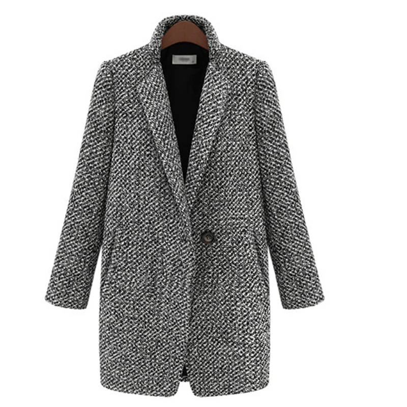 

Женское шерстяное пальто на одной пуговице, теплое длинное пальто с карманами, верхняя одежда из смешанного хлопка с рисунком «гусиные лапк...