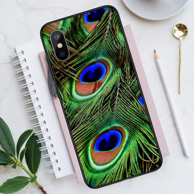 

Green blue peacock feathers Phone Case for iPhone 11 12 mini pro XS MAX 8 7 6 6S Plus X 5S SE 2020 XR Luxury brand shell funda