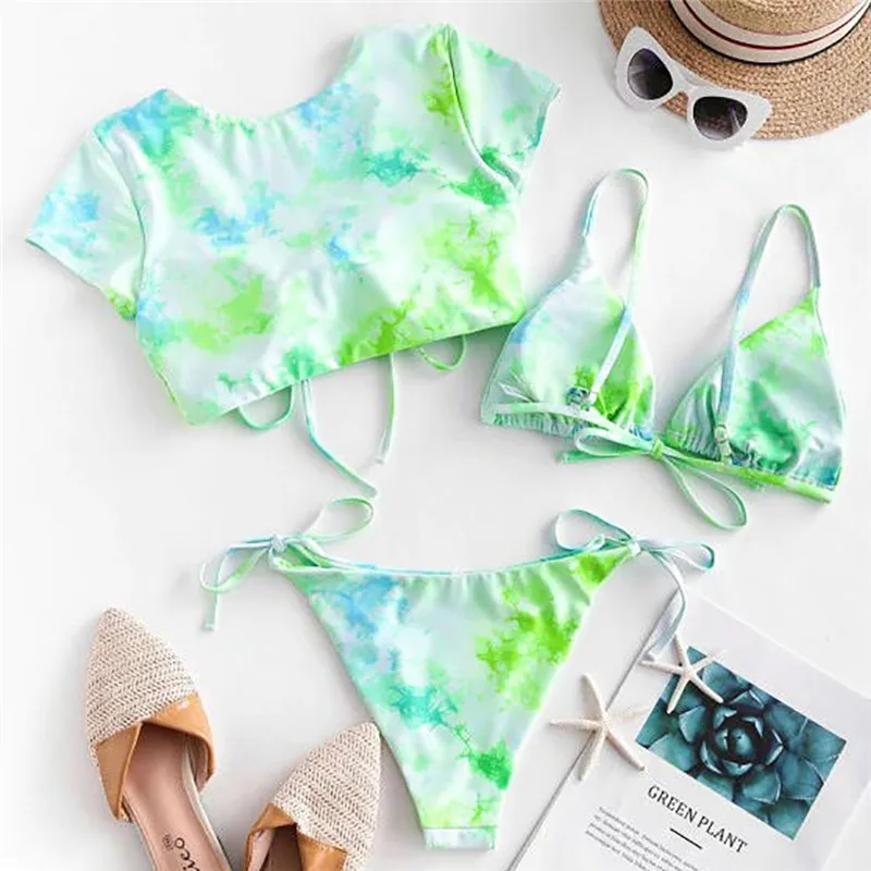 Комплект бикини 3 шт. бюстгальтер с чашками пуш-ап треугольный однотонный