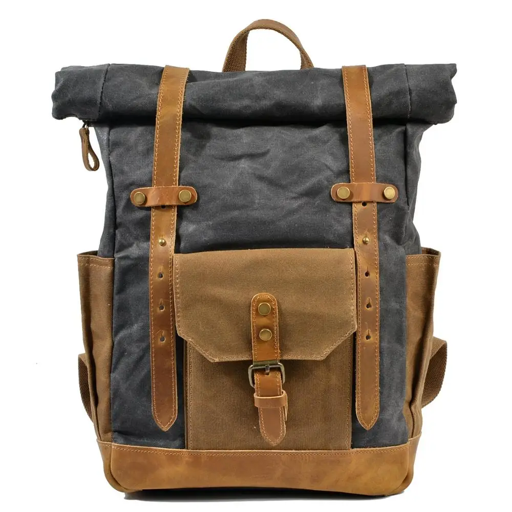 

Retro color contrast oil wax waterproof canvas travel backpack computer schoolbag capacity outdoor women's backpack men's bag