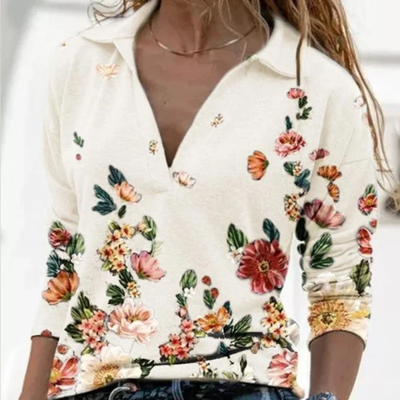

Autumn And Winter New Women's Fashion Clothing V-neck Flower Print Long-sleeved Casual Loose T-shirt