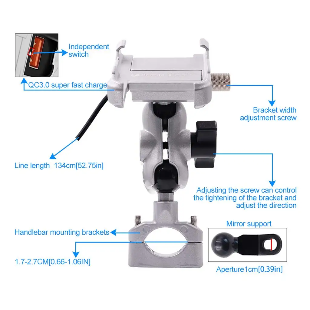 Держатель для телефона мотоциклетный из алюминиевого сплава с зарядным