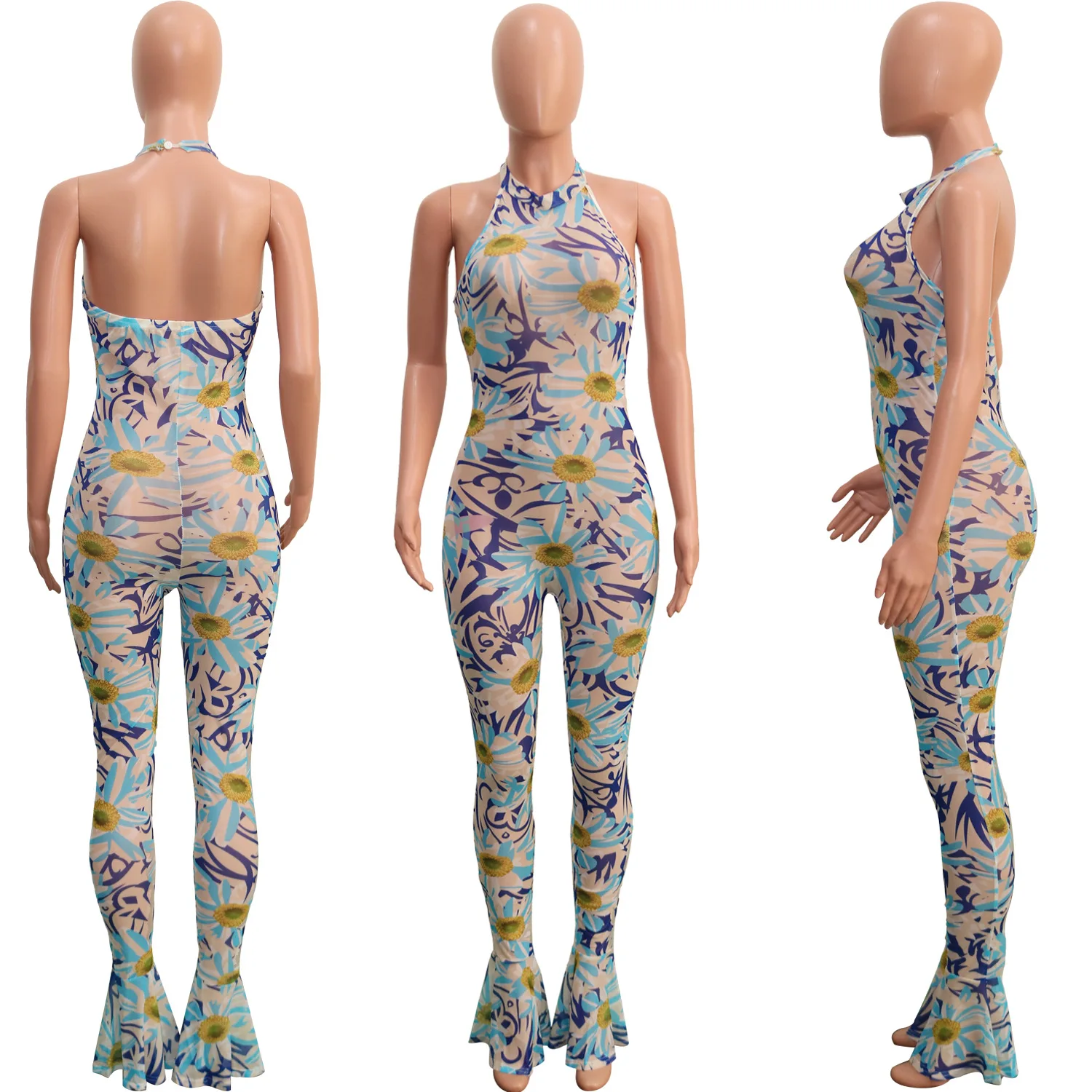

Donsignet Fashion Women's Jumpsuit New Summer Casual Hot Sale Sexy Hollow Open Back Sleeveless Hanging Neck Printing Jumpsuit