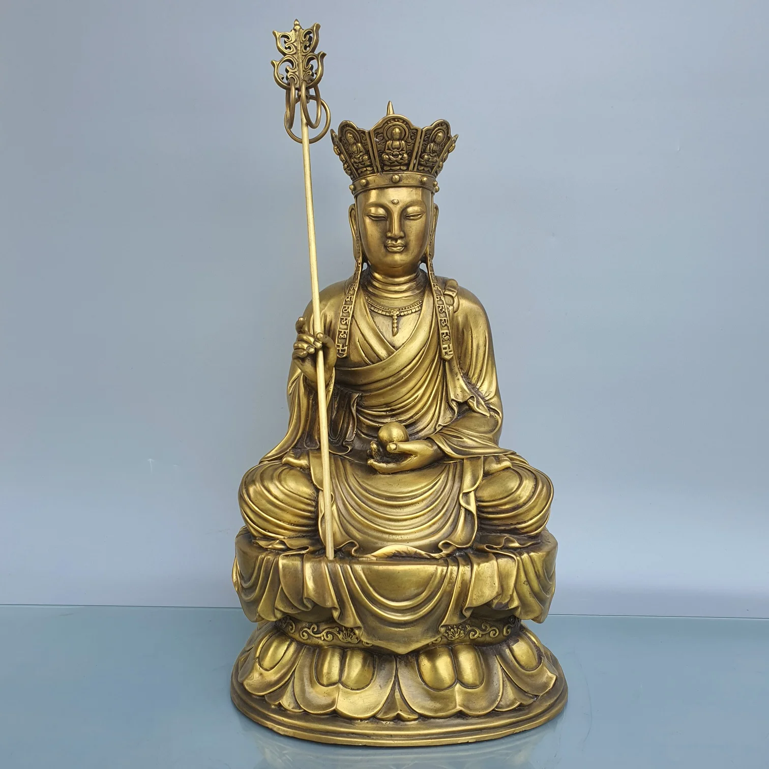 

16" Chinese Seikos Bronze Ksitigarbha statue Sitting Buddha Chicha Di Tiller Po Take the staff Amitabha Enshrine the Buddha