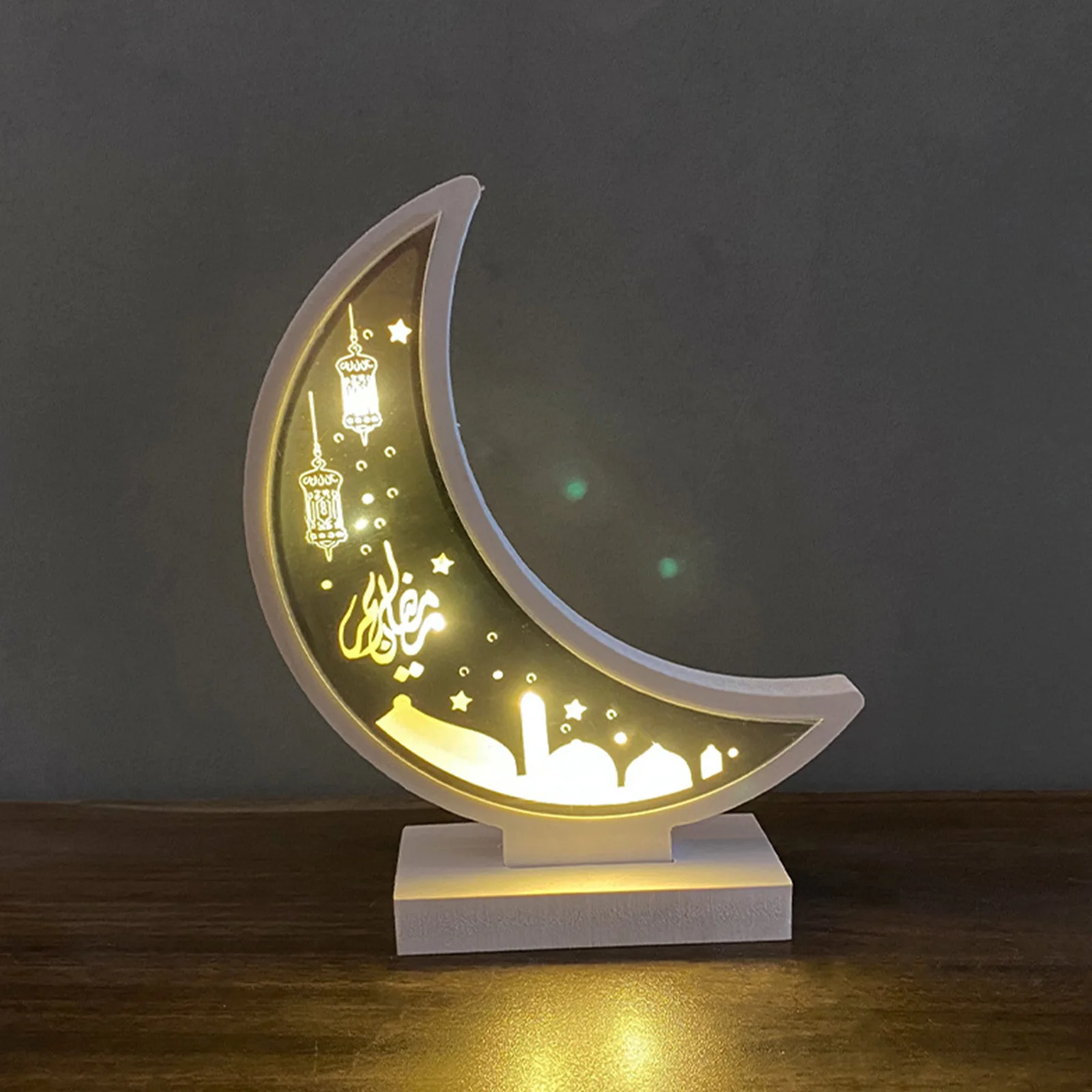 

Wooden Ramadan Mubarak Lights, Battery Powered, Moon Shaped Muslim Night Lamp, Decorative Ornaments for Eid Festival Party