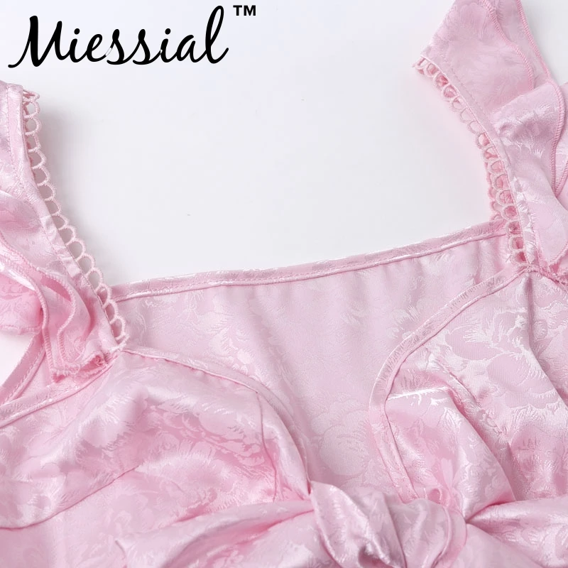 Miessial, Атласные оборки, жаккардовый сексуальный розовый топ на бретелях, женский короткий бандажный топ на бретельках, Женский бандажный укороченный топ с баской