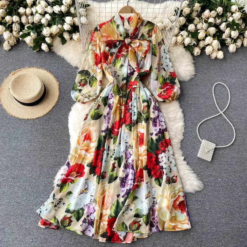 

Full Garden Spring Series Elegant Printed Dress Women's Summer 2021 New Temperament Flower Holiday Dress Long Femme Robes zh1423