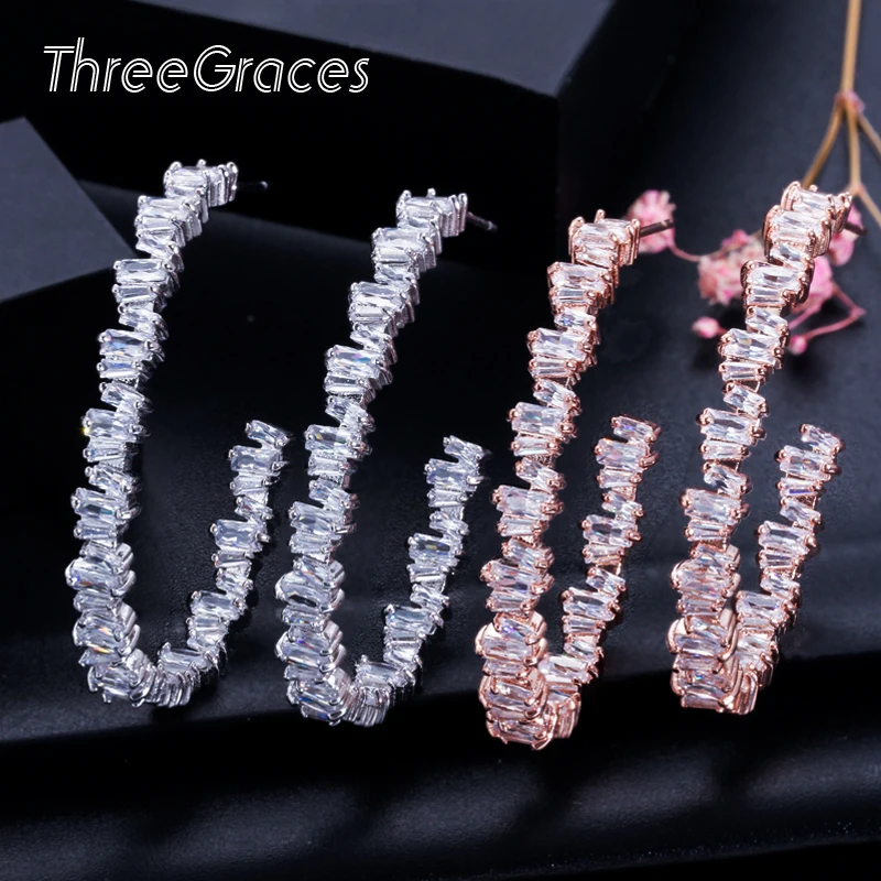 ThreeGraces нерегулярные Багет CZ Кристалл 925 пробы серебро большой розовое золото обод Кольцо Серьги для женщин Танцы вечерние ER115