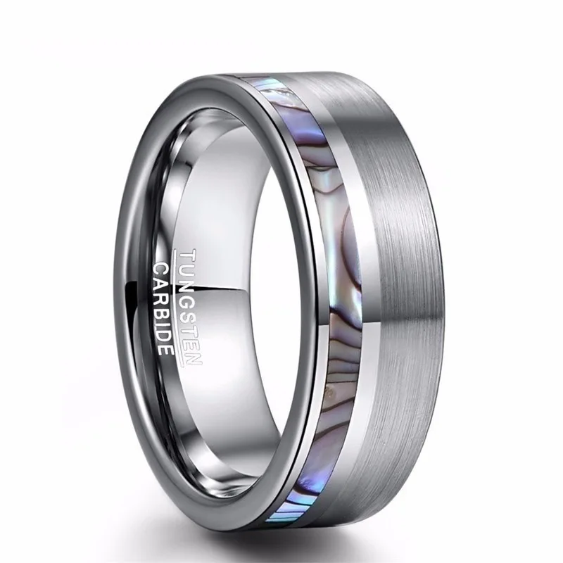 

8mm Silver Color Brushed Tungsten Carbide Ring Off Center Abalone shell Wedding Band Ring