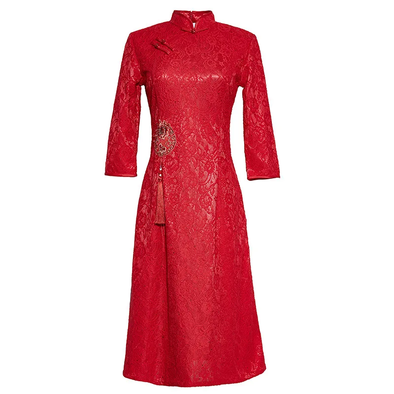 

S-4XL Red Lace Chinese A-Line Dresses Women Elegant Slim Qipao Exquisite Appliques Trim Novelty Cheongsam Oriental Party Dress
