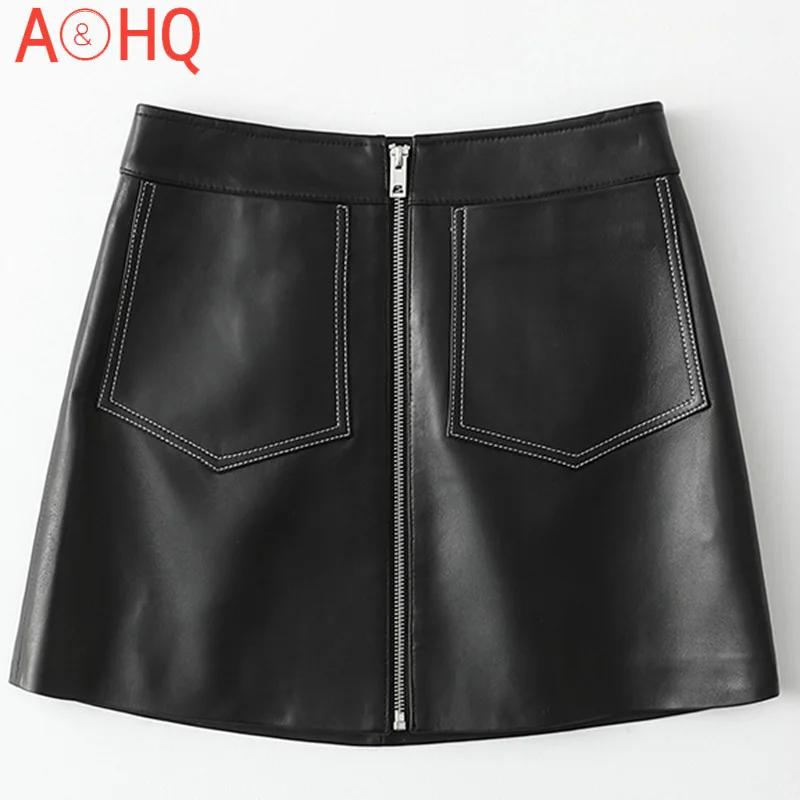 

2021 Office Lady Genuine Leather Skirts Black Spring Slim Fashion 100% Lambskin Real Leather Skirt Women Work A-Line Short Skirt