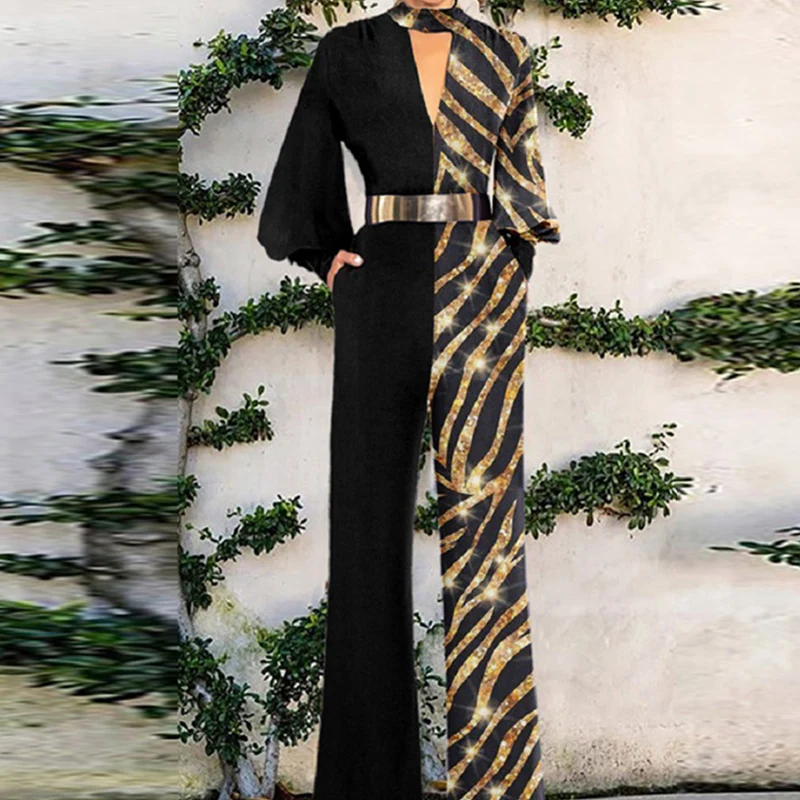 

Модные праздничные повседневные Комбинезоны с золотым принтом, женские сексуальные комбинезоны с V-образным вырезом, строченные разноцвет...