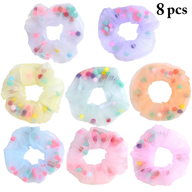 

8pcs/Set Woman Fashion Scrunchies Chiffon Pom Pom Balls Hair Ties Girls Ponytail Holders Rubber Band Elastic Hair Accessories