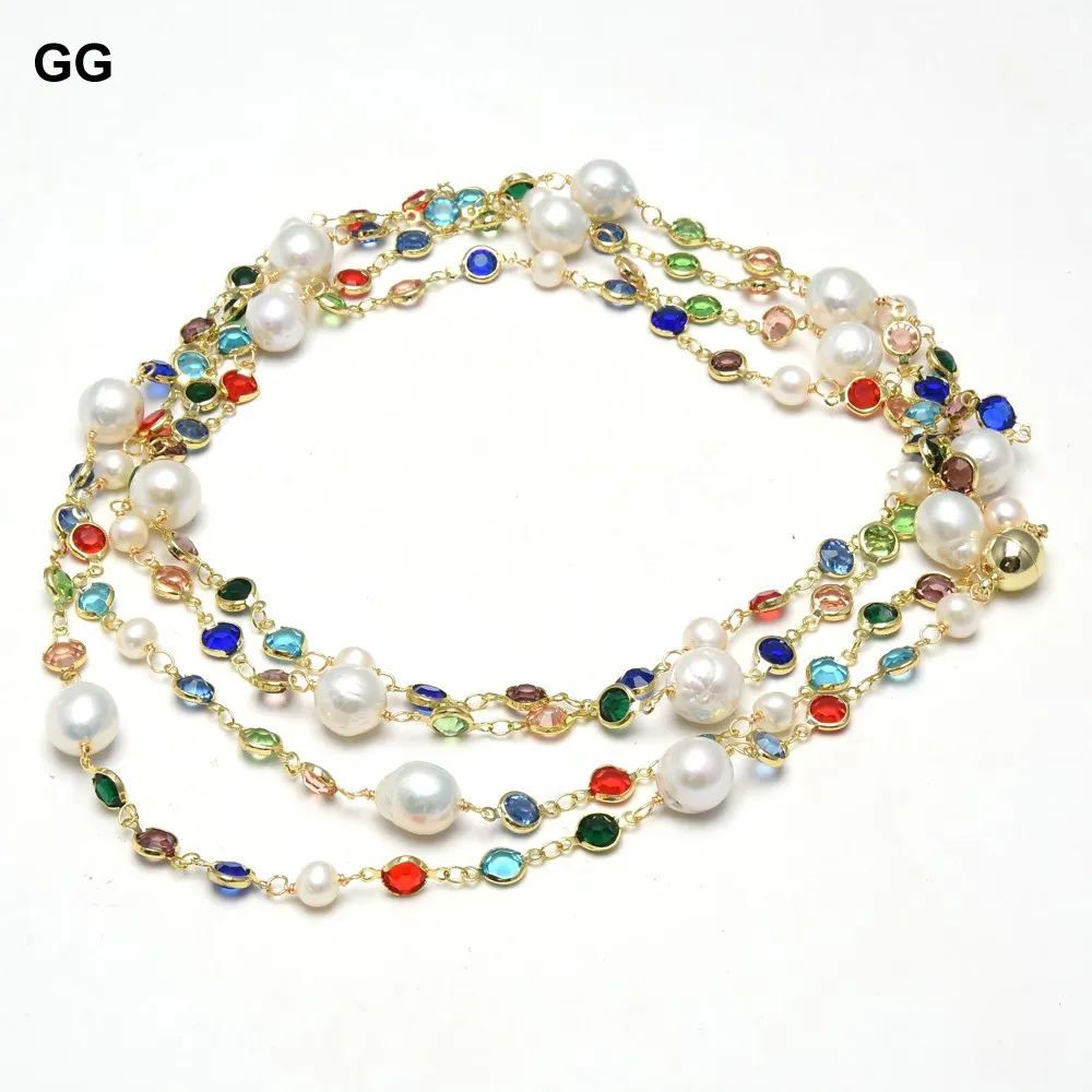 

GG Jewelry Natural Freshwter White Round Keshi Pearl Cubic Zirconia Micro CZ Pave Gold Plated Chain Long Necklace For Women
