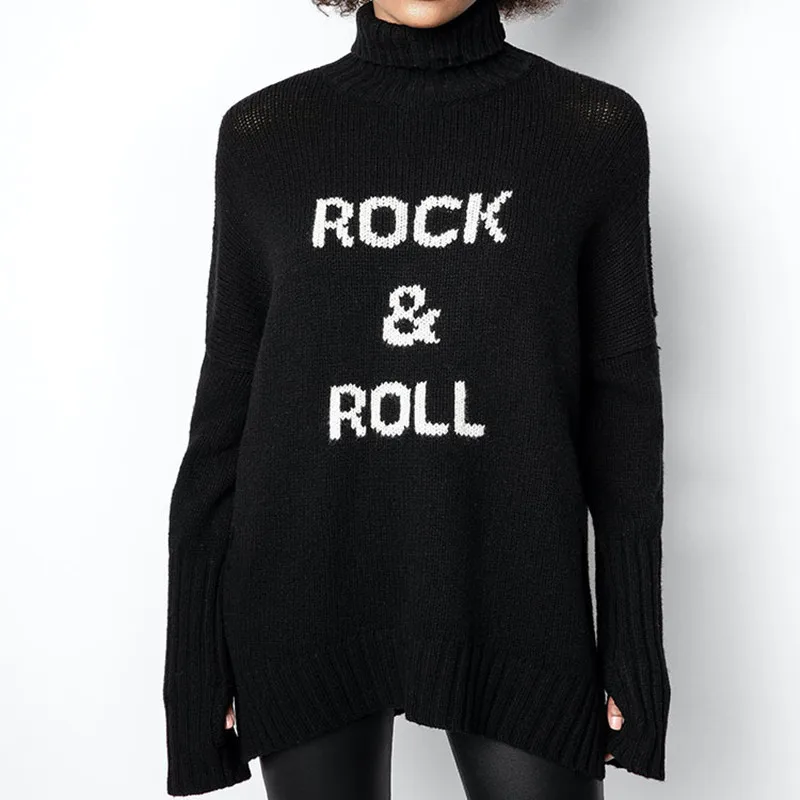 

Женские черные свитера с буквенным принтом, 100% кашемировая Водолазка с длинным рукавом, повседневный Новый женский джемпер, пуловер на осен...