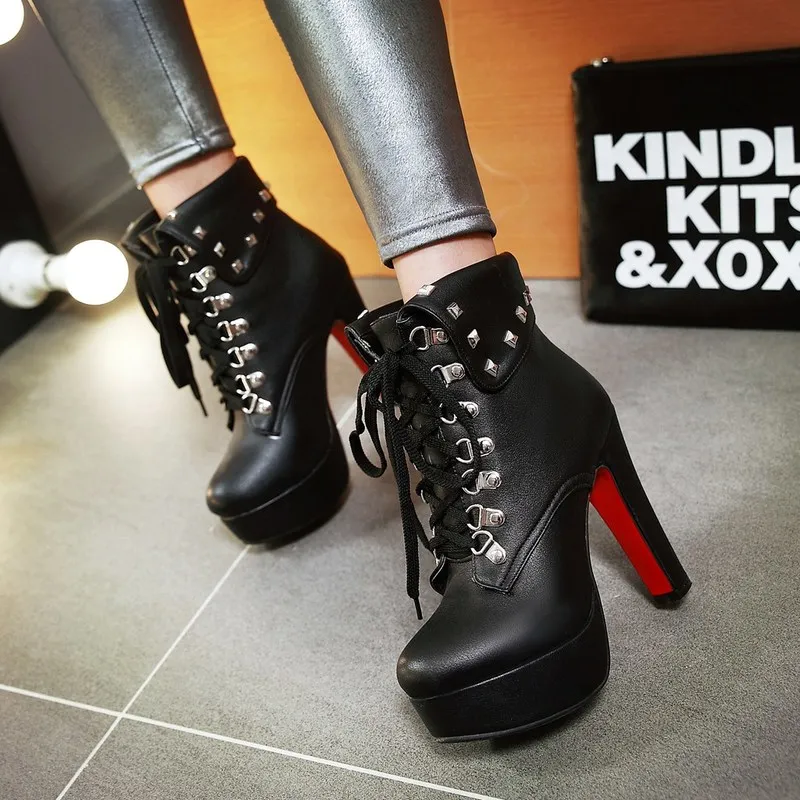 

New Autumn Women ankle Boots High Quality Solid Lace-up European Ladies shoes PU Fashion high heels Rivet decoration women Boot