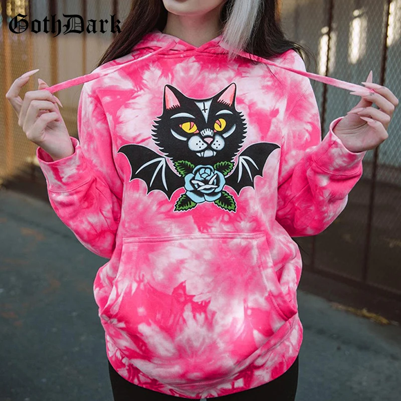 

Goth Dark Harajuku Pink Graphic Printed Winter Sweatshirts Pastel Gothic Women Tie Dye Fashion Pullovers Grunge Long Sleeve Tops