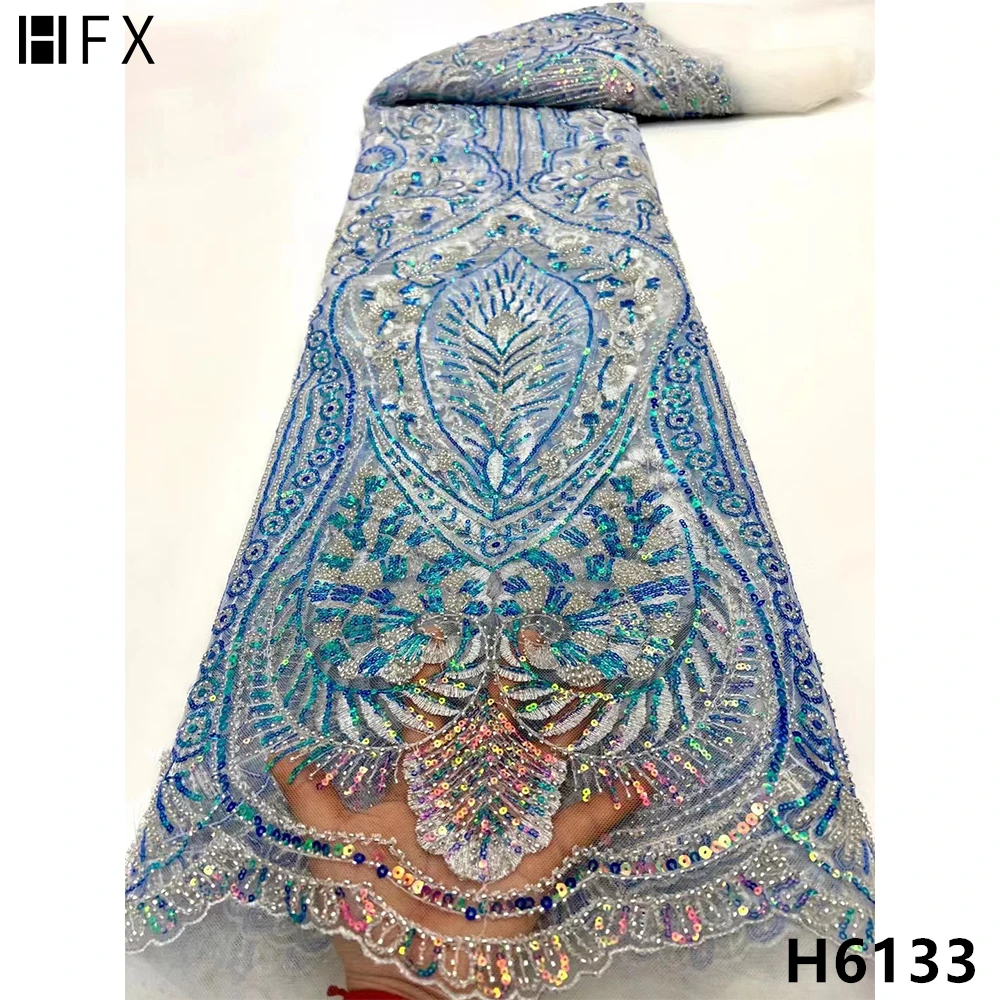 Синяя африканская сетчатая кружевная ткань HFX с блестками французская Тюлевая